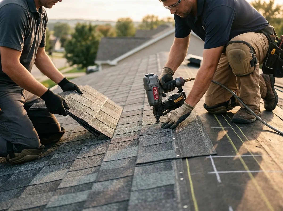 Professional roofer working on a residential roof in Wrightsboro
